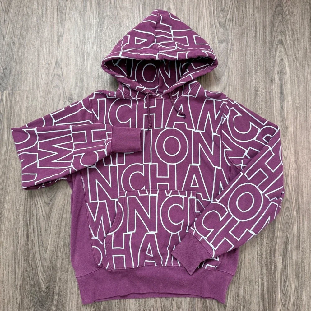 Champion Reverse Weave All Over Logo Hoodie Sweatshirt Pullover Purple Medium - Picture 2 of 7